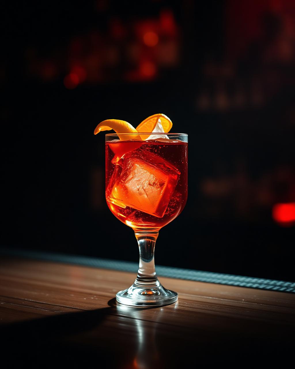 A Negroni glowing on a dark bar
